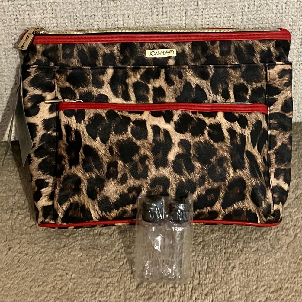NEW- Joan & David Leopard Print Toiletry Bag with Red Trim and 2 Travel Bottles